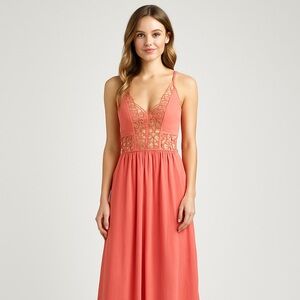 🌸 Boho Rust Halter Maxi Dress Crochet Waist Backless Pleated Size M